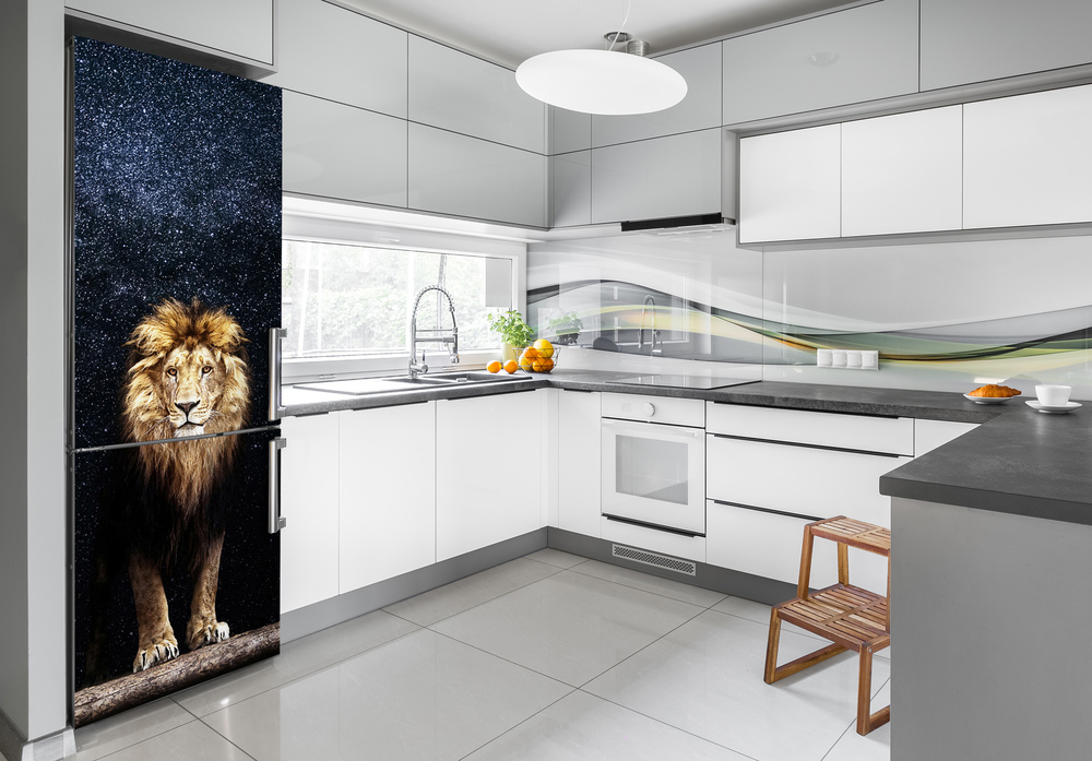 Refrigerator wrap Lion against the backdrop of the stars