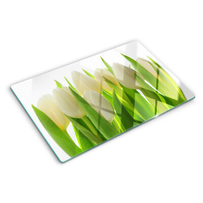 Chopping board Tulips against a background of green leaves