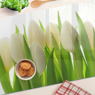 Chopping board Tulips against a background of green leaves