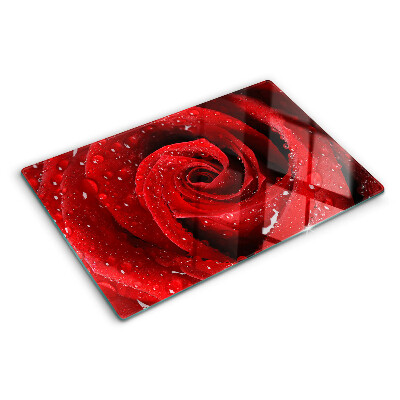 Glass chopping board Red rose with water drops