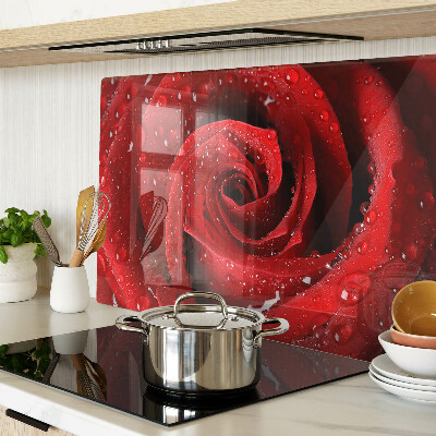 Glass chopping board Red rose with water drops