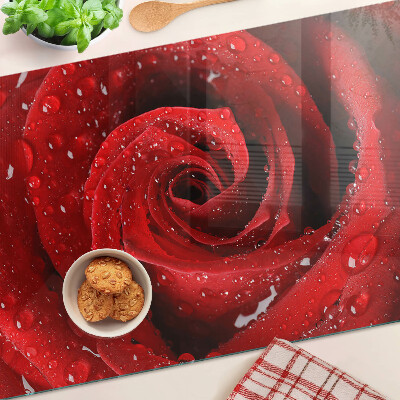Glass chopping board Red rose with water drops