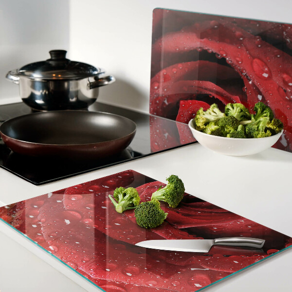 Glass chopping board Red rose with water drops