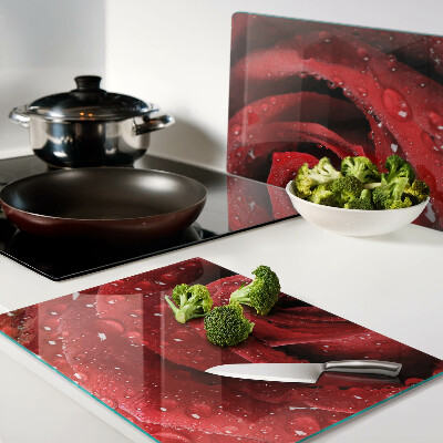 Glass chopping board Red rose with water drops