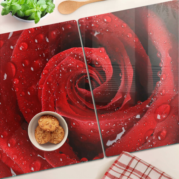 Glass chopping board Red rose with water drops