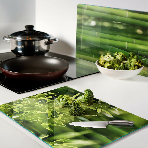 Chopping board Bamboo leaves and green foliage