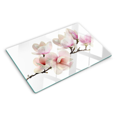 Chopping board glass Magnolia flowers on a branch