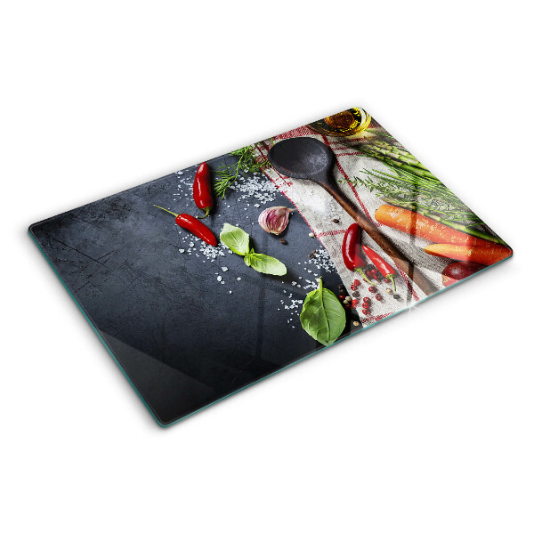 Chopping board glass Kitchen spices and vegetables
