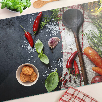 Chopping board glass Kitchen spices and vegetables