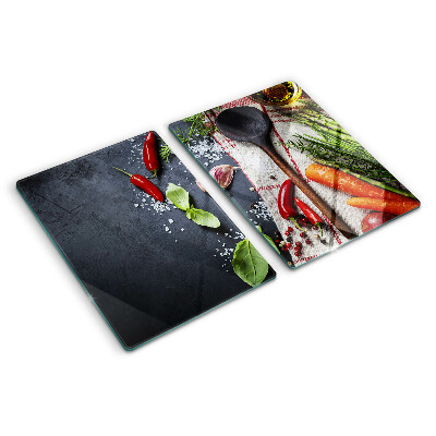 Chopping board glass Kitchen spices and vegetables