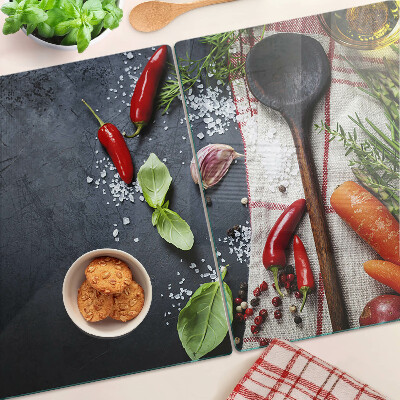 Chopping board glass Kitchen spices and vegetables