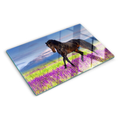 Glass kitchen board A horse against a background of purple flowers