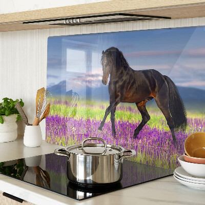 Glass kitchen board A horse against a background of purple flowers