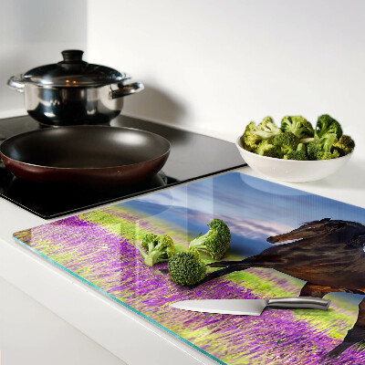 Glass kitchen board A horse against a background of purple flowers