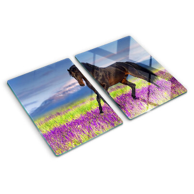 Glass kitchen board A horse against a background of purple flowers