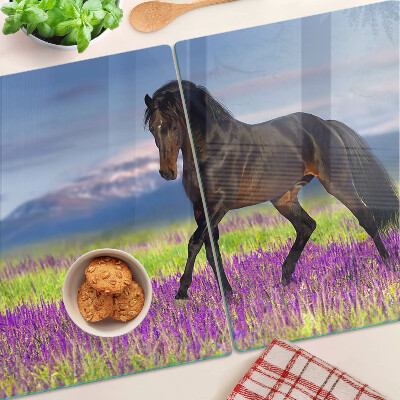 Glass kitchen board A horse against a background of purple flowers