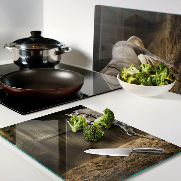 Chopping board glass A horse in motion in the stable