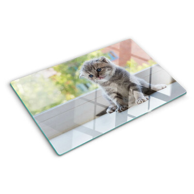 Glass chopping board A kitten on the windowsill