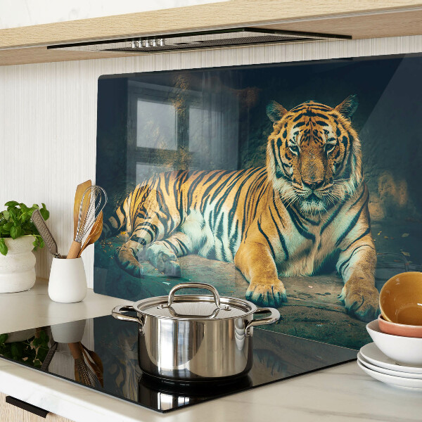 Glass cutting board A tiger lying on the rocks