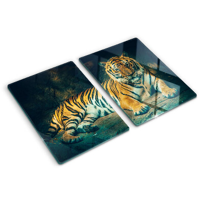 Glass cutting board A tiger lying on the rocks