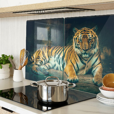 Glass cutting board A tiger lying on the rocks