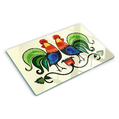 Chopping board glass Roosters in folk style