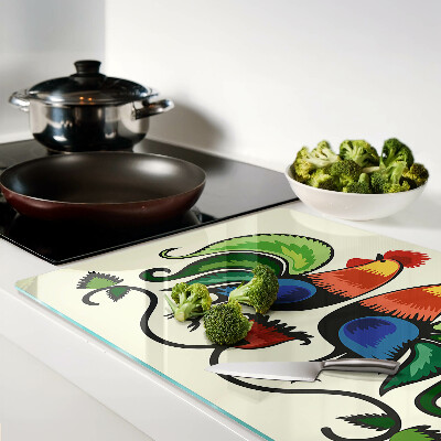 Chopping board glass Roosters in folk style
