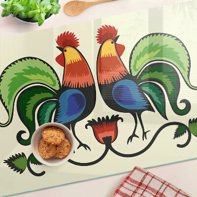 Chopping board glass Roosters in folk style