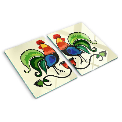 Chopping board glass Roosters in folk style