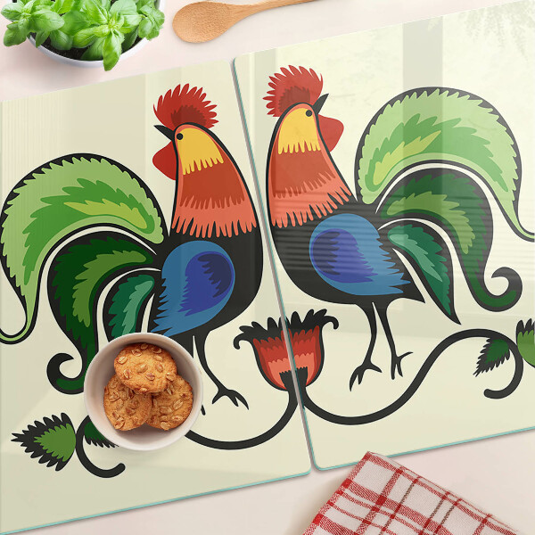 Chopping board glass Roosters in folk style