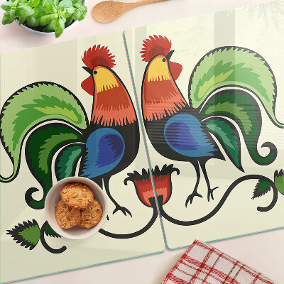 Chopping board glass Roosters in folk style