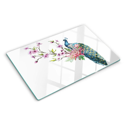 Glass cutting board Peacock with flowers