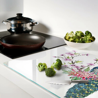 Glass cutting board Peacock with flowers