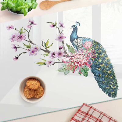 Glass cutting board Peacock with flowers