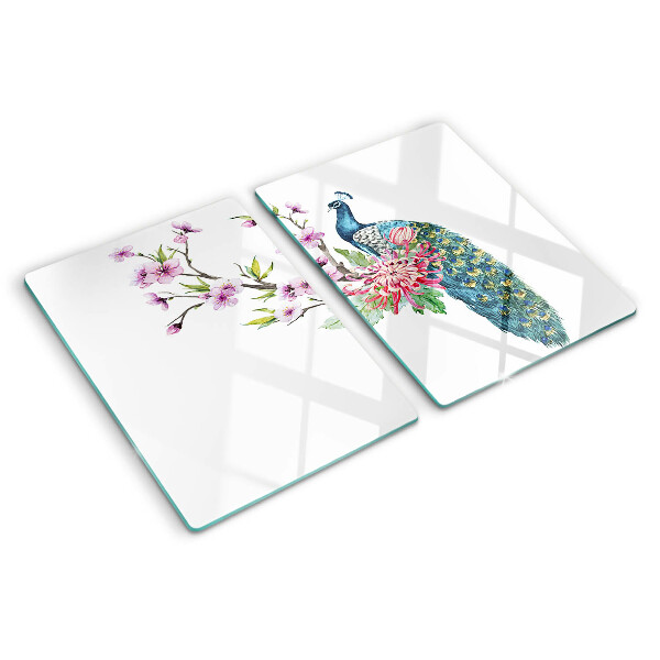 Glass cutting board Peacock with flowers