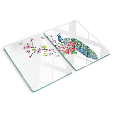 Glass cutting board Peacock with flowers