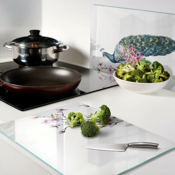 Glass cutting board Peacock with flowers