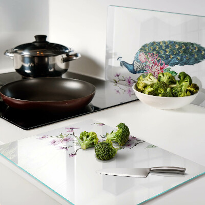 Glass cutting board Peacock with flowers