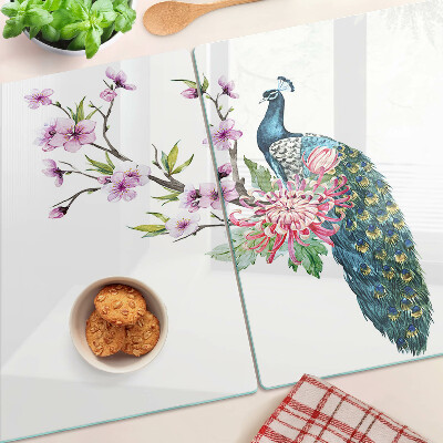 Glass cutting board Peacock with flowers