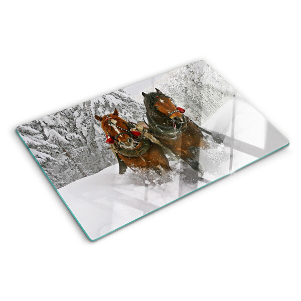 Chopping board glass Draft horses in the snow