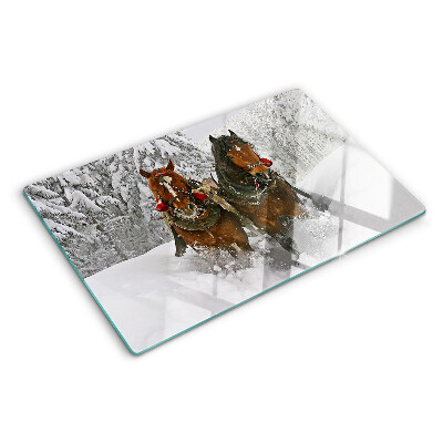 Chopping board glass Draft horses in the snow