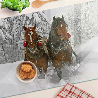 Chopping board glass Draft horses in the snow