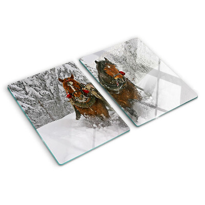 Chopping board glass Draft horses in the snow