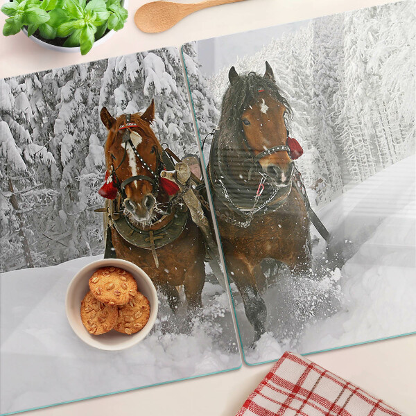 Chopping board glass Draft horses in the snow