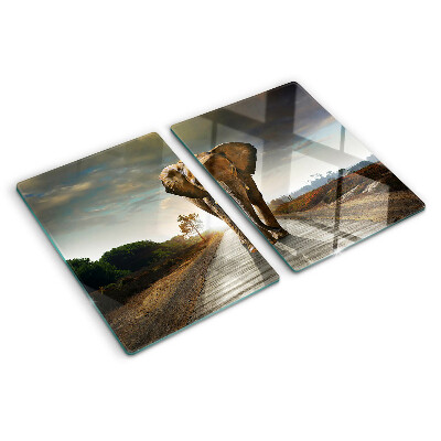 Glass chopping board Elephant on the road at sunset