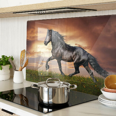 Glass kitchen board A horse against the backdrop of the setting sun