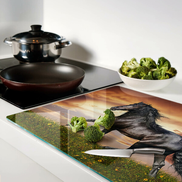 Glass kitchen board A horse against the backdrop of the setting sun