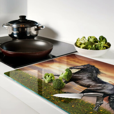 Glass kitchen board A horse against the backdrop of the setting sun