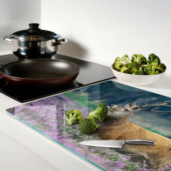 Chopping board glass Deer in a lavender landscape
