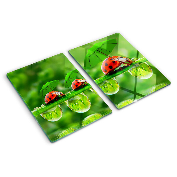 Chopping board Ladybugs on leaves with water drops